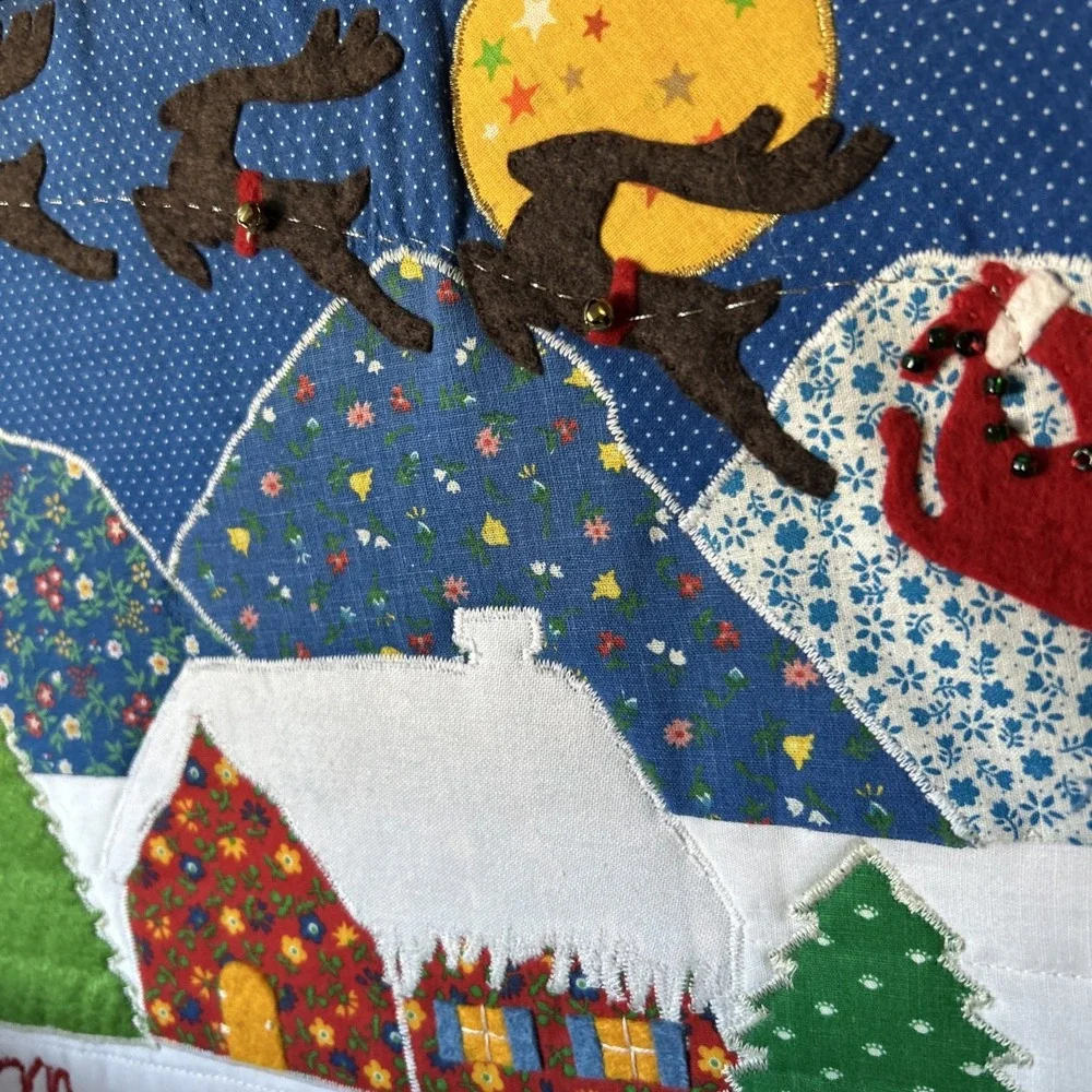 80s Handmade Quilted Merry Christmas Holiday Wall Art Wood Framed Appliqué Decor